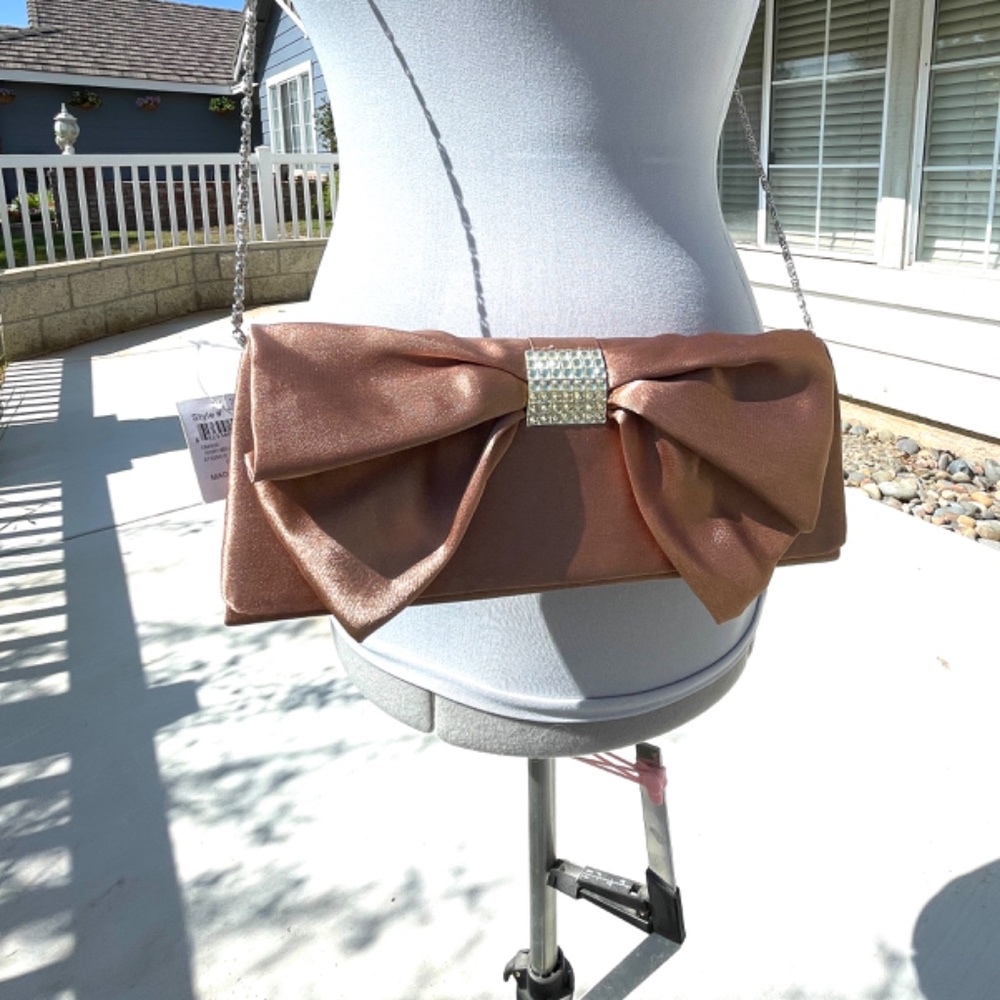 Bijoux Terner Mocha Colored Satin Evening Bag with Bow and Sparkly Details